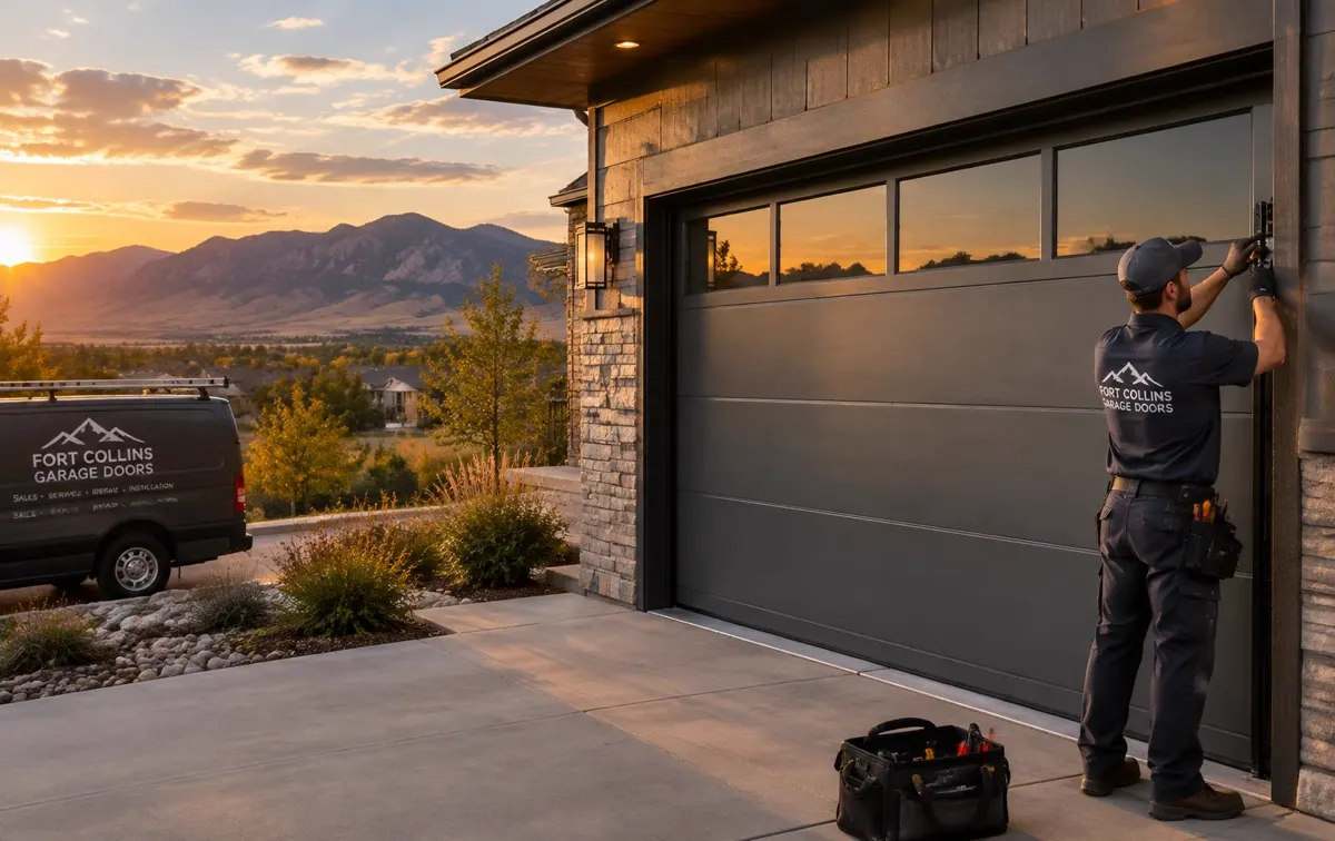 Technician servicing a garage door in Fort Collins